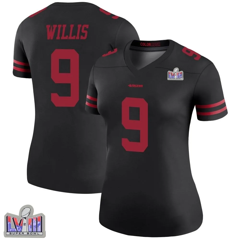 Women's San Francisco 49ers Brayden Willis Nike Color Rush Super Bowl LVIII Patch Legend Black Jersey Women's San Francisco 49ers Brayden Willis Nike Color Rush Super Bowl LVIII Patch Legend Black Jersey