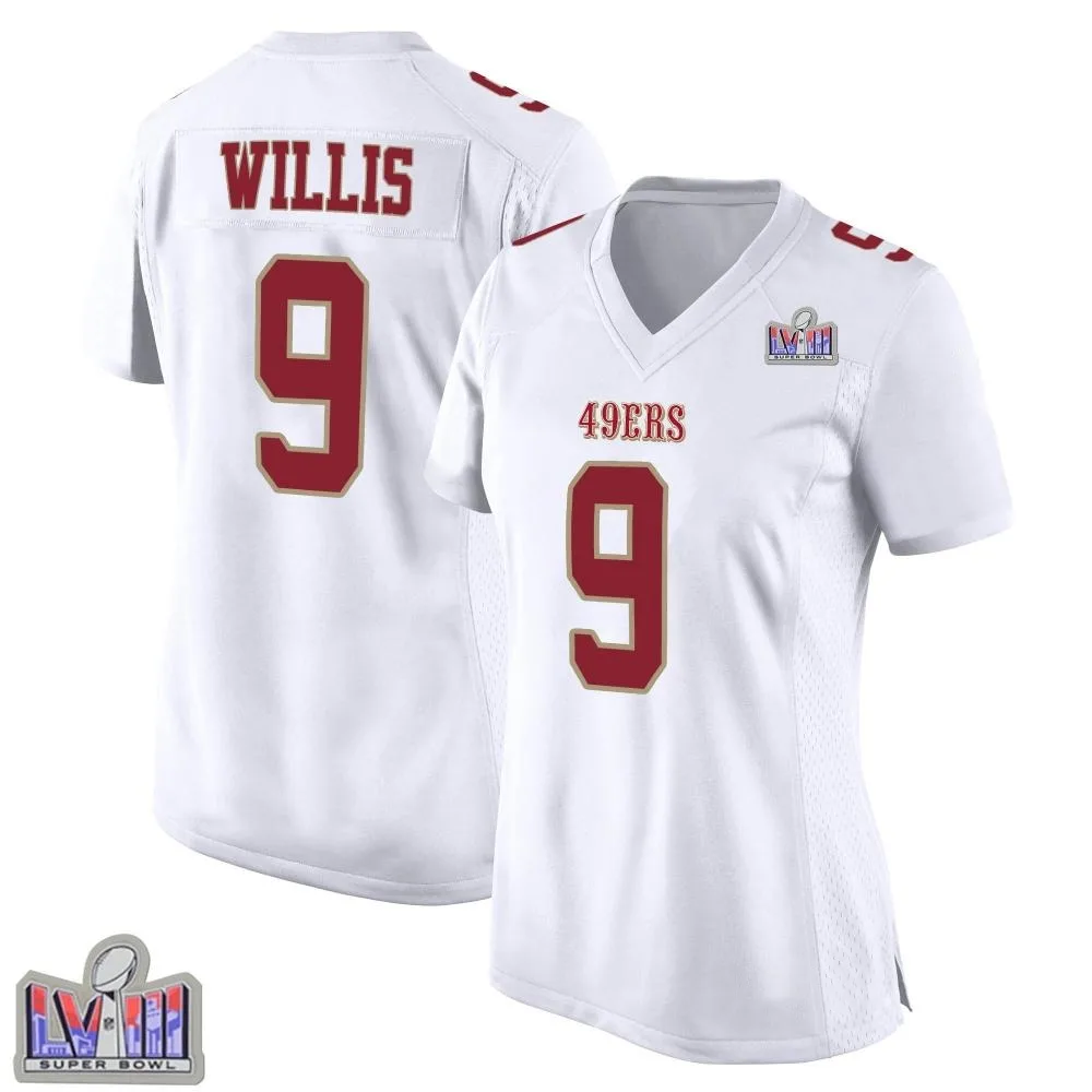 Women's San Francisco 49ers Brayden Willis Nike Fashion Super Bowl LVIII Patch Game White Jersey Women's San Francisco 49ers Brayden Willis Nike Fashion Super Bowl LVIII Patch Game White Jersey