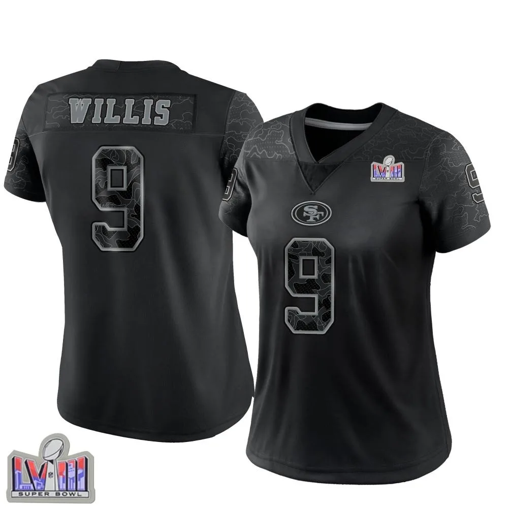 Women's San Francisco 49ers Brayden Willis Nike Reflective Super Bowl LVIII Patch Limited Black Jersey Women's San Francisco 49ers Brayden Willis Nike Reflective Super Bowl LVIII Patch Limited Black Jersey