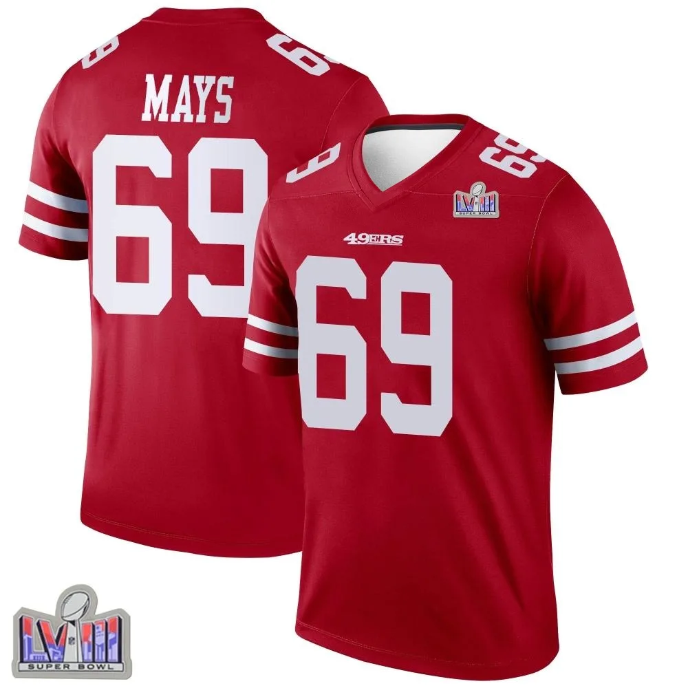 Men's San Francisco 49ers Briason Mays Nike Super Bowl LVIII Patch Legend Scarlet Jersey Men's San Francisco 49ers Briason Mays Nike Super Bowl LVIII Patch Legend Scarlet Jersey