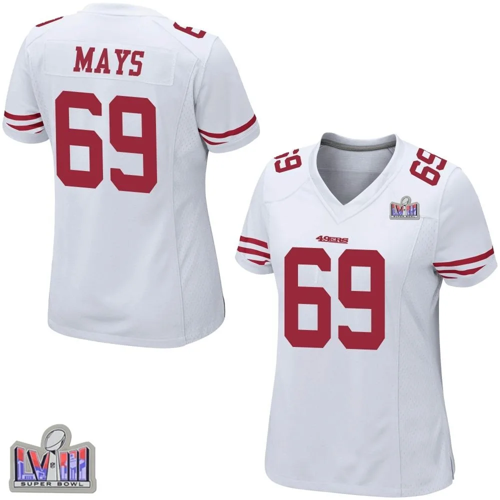 Women's San Francisco 49ers Briason Mays Nike Super Bowl LVIII Patch Game White Jersey Women's San Francisco 49ers Briason Mays Nike Super Bowl LVIII Patch Game White Jersey
