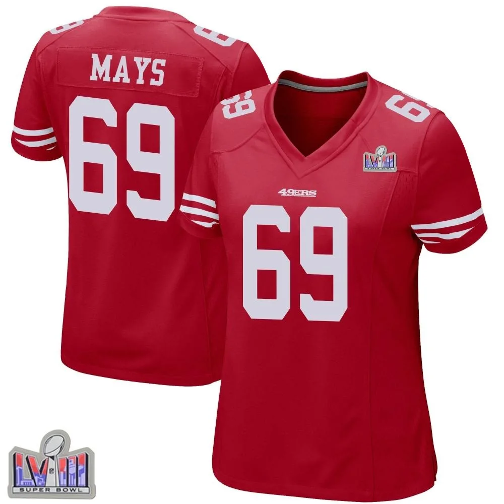 Women's San Francisco 49ers Briason Mays Nike Team Color Super Bowl LVIII Patch Game Red Jersey Women's San Francisco 49ers Briason Mays Nike Team Color Super Bowl LVIII Patch Game Red Jersey