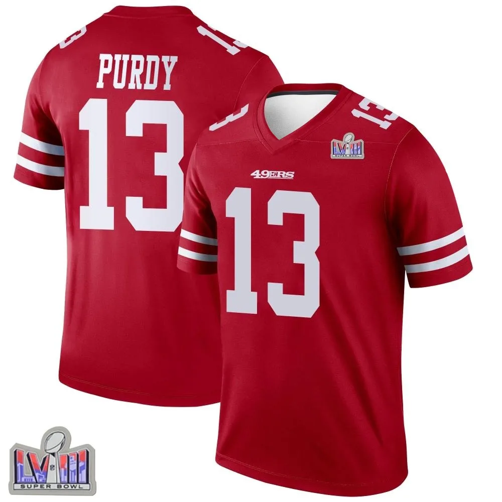 Men's San Francisco 49ers Brock Purdy Nike Super Bowl LVIII Patch Legend Scarlet Jersey Men's San Francisco 49ers Brock Purdy Nike Super Bowl LVIII Patch Legend Scarlet Jersey