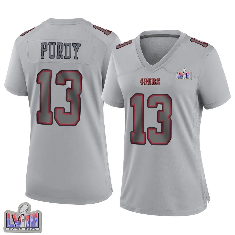 Women's San Francisco 49ers Brock Purdy Nike Atmosphere Fashion Super Bowl LVIII Patch Game Gray Jersey Women's San Francisco 49ers Brock Purdy Nike Atmosphere Fashion Super Bowl LVIII Patch Game Gray Jersey