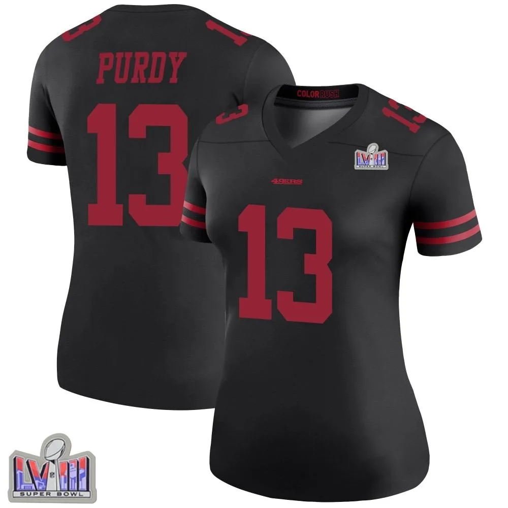 Women's San Francisco 49ers Brock Purdy Nike Color Rush Super Bowl LVIII Patch Legend Black Jersey Women's San Francisco 49ers Brock Purdy Nike Color Rush Super Bowl LVIII Patch Legend Black Jersey