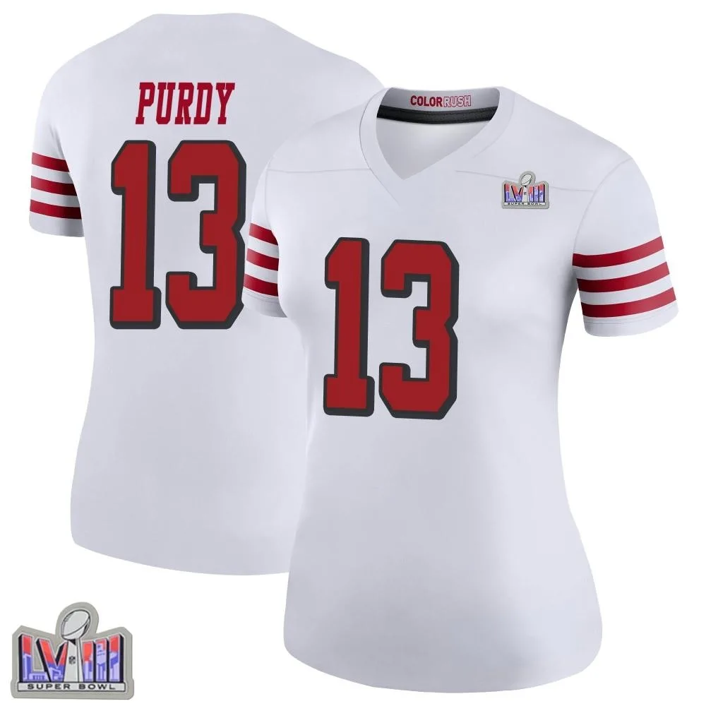 Women's San Francisco 49ers Brock Purdy Nike Color Rush Super Bowl LVIII Patch Legend White Jersey Women's San Francisco 49ers Brock Purdy Nike Color Rush Super Bowl LVIII Patch Legend White Jersey