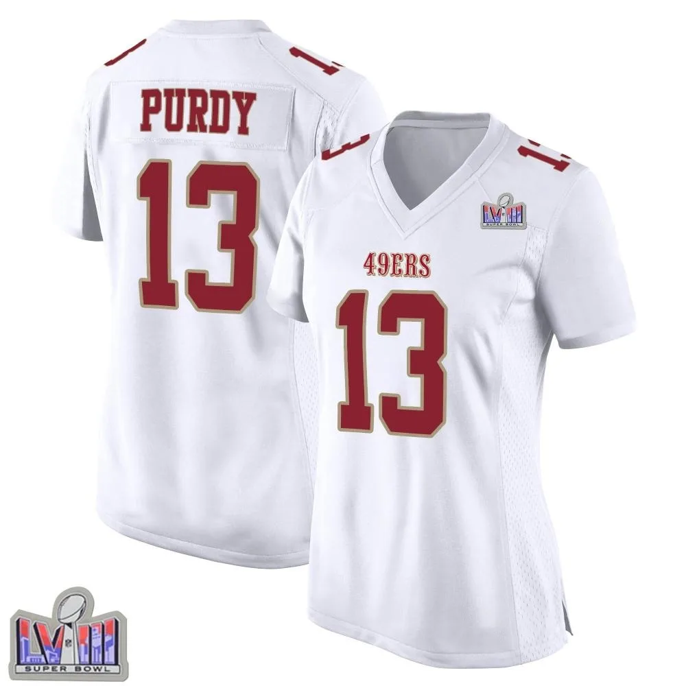 Women's San Francisco 49ers Brock Purdy Nike Fashion Super Bowl LVIII Patch Game White Jersey Women's San Francisco 49ers Brock Purdy Nike Fashion Super Bowl LVIII Patch Game White Jersey