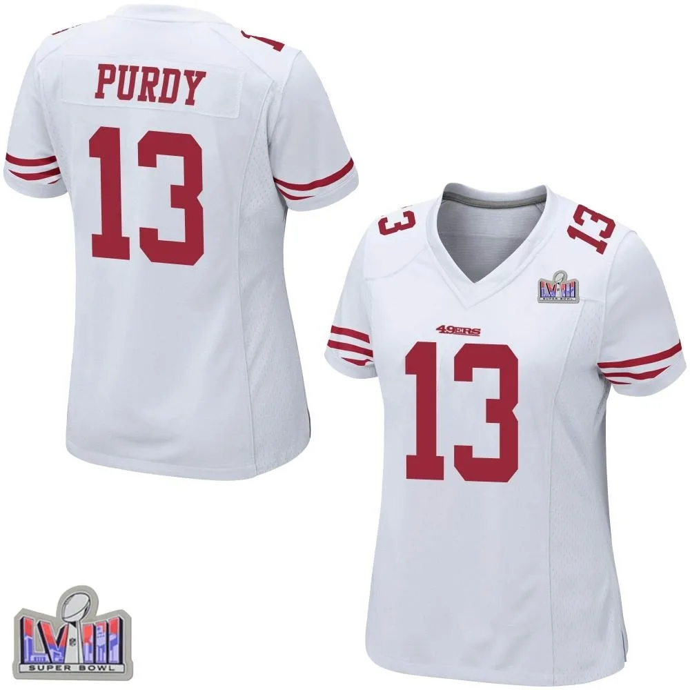 Women's San Francisco 49ers Brock Purdy Nike Super Bowl LVIII Patch Game White Jersey Women's San Francisco 49ers Brock Purdy Nike Super Bowl LVIII Patch Game White Jersey