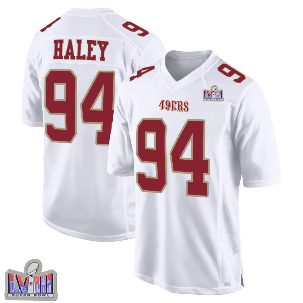 Men's San Francisco 49ers Charles Haley Nike Fashion Super Bowl LVIII Patch Game White Jersey Men's San Francisco 49ers Charles Haley Nike Fashion Super Bowl LVIII Patch Game White Jersey