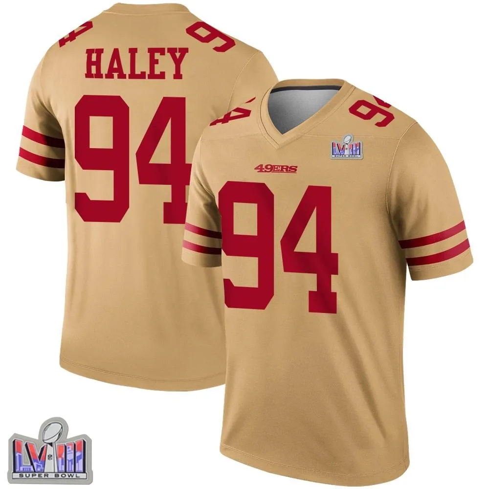 Men's San Francisco 49ers Charles Haley Nike Inverted Super Bowl LVIII Patch Legend Gold Jersey Men's San Francisco 49ers Charles Haley Nike Inverted Super Bowl LVIII Patch Legend Gold Jersey