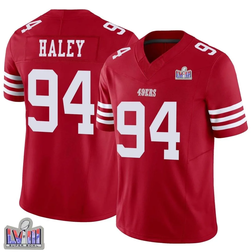 Men's San Francisco 49ers Charles Haley Nike Vapor F.U.S.E. Super Bowl LVIII Patch Limited Scarlet Jersey Men's San Francisco 49ers Charles Haley Nike Vapor F.U.S.E. Super Bowl LVIII Patch Limited Scarlet Jersey