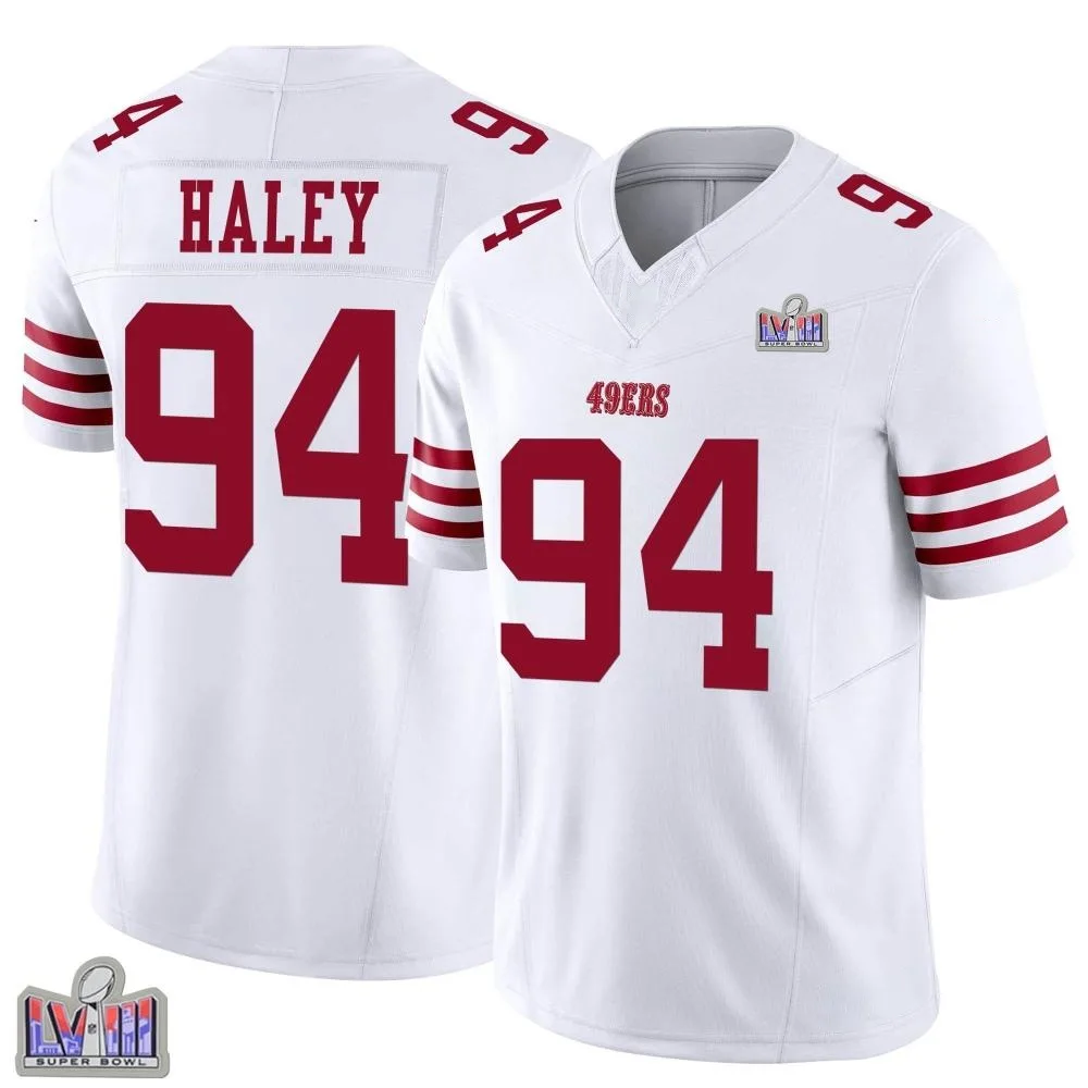 Men's San Francisco 49ers Charles Haley Nike Vapor F.U.S.E. Super Bowl LVIII Patch Limited White Jersey Men's San Francisco 49ers Charles Haley Nike Vapor F.U.S.E. Super Bowl LVIII Patch Limited White Jersey
