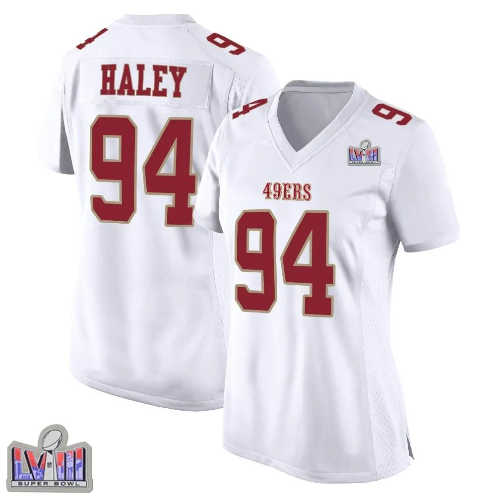 Women's San Francisco 49ers Charles Haley Nike Fashion Super Bowl LVIII Patch Game White Jersey Women's San Francisco 49ers Charles Haley Nike Fashion Super Bowl LVIII Patch Game White Jersey