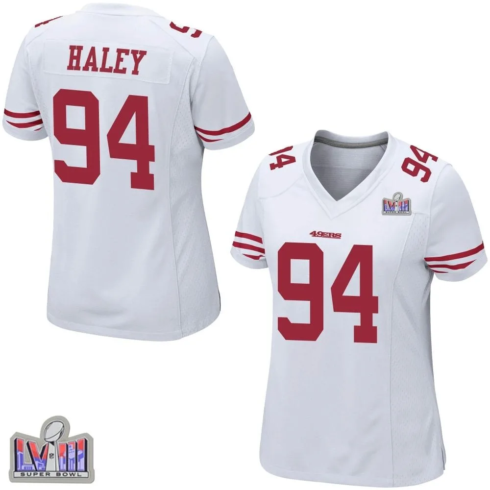 Women's San Francisco 49ers Charles Haley Nike Super Bowl LVIII Patch Game White Jersey Women's San Francisco 49ers Charles Haley Nike Super Bowl LVIII Patch Game White Jersey