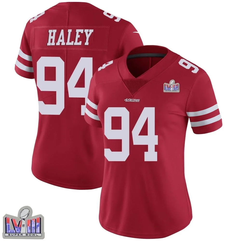 Women's San Francisco 49ers Charles Haley Nike Team Color Vapor Untouchable Super Bowl LVIII Patch Limited Red Jersey Women's San Francisco 49ers Charles Haley Nike Team Color Vapor Untouchable Super Bowl LVIII Patch Limited Red Jersey