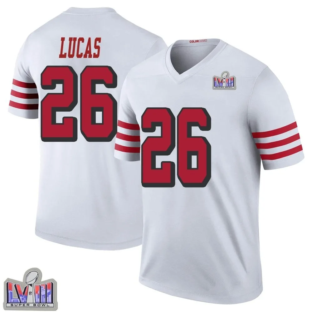 Men's San Francisco 49ers Chase Lucas Nike Color Rush Super Bowl LVIII Patch Legend White Jersey Men's San Francisco 49ers Chase Lucas Nike Color Rush Super Bowl LVIII Patch Legend White Jersey