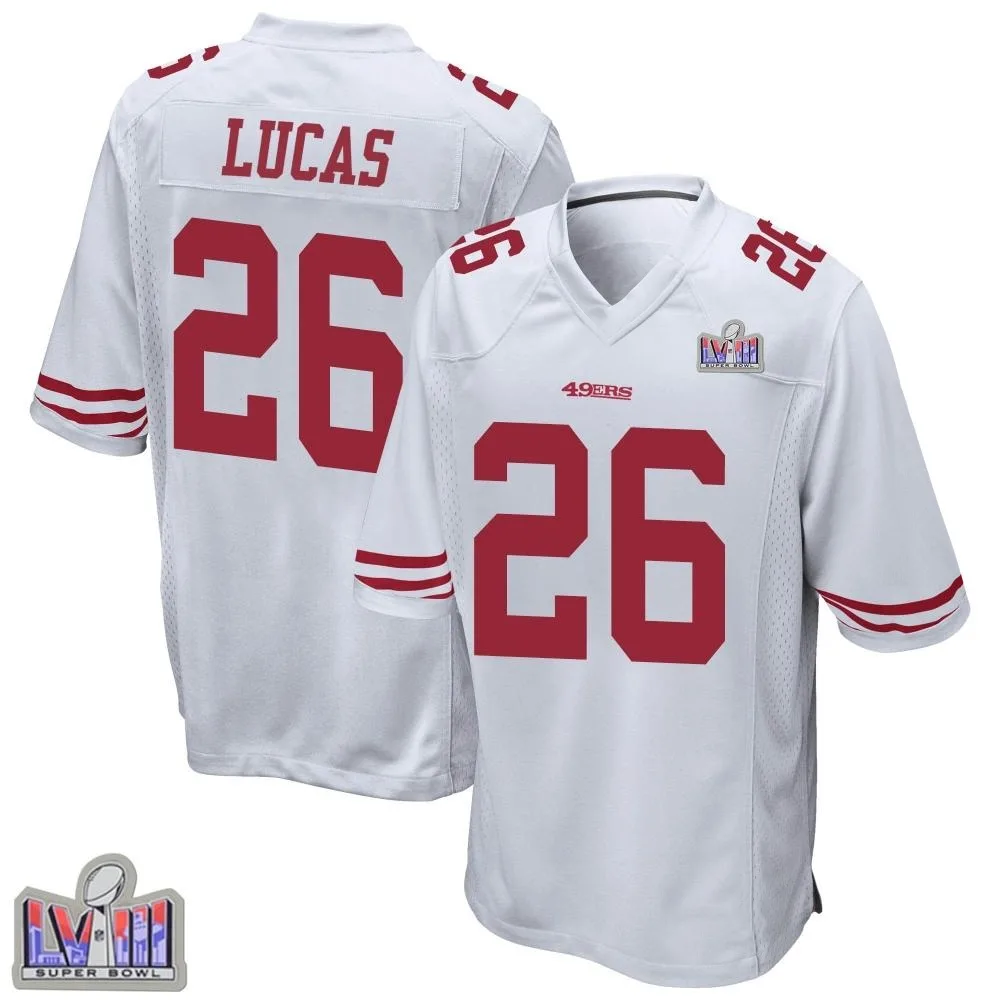 Men's San Francisco 49ers Chase Lucas Nike Super Bowl LVIII Patch Game White Jersey Men's San Francisco 49ers Chase Lucas Nike Super Bowl LVIII Patch Game White Jersey