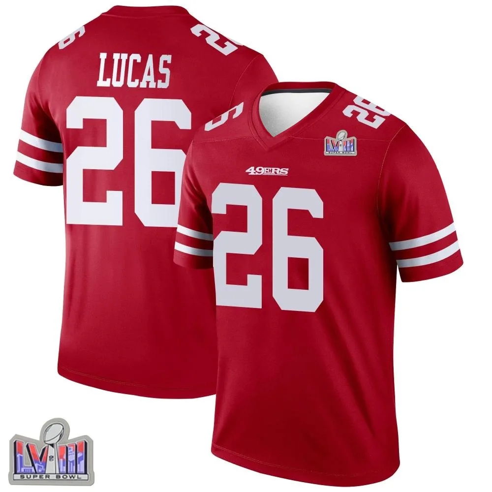 Men's San Francisco 49ers Chase Lucas Nike Super Bowl LVIII Patch Legend Scarlet Jersey Men's San Francisco 49ers Chase Lucas Nike Super Bowl LVIII Patch Legend Scarlet Jersey