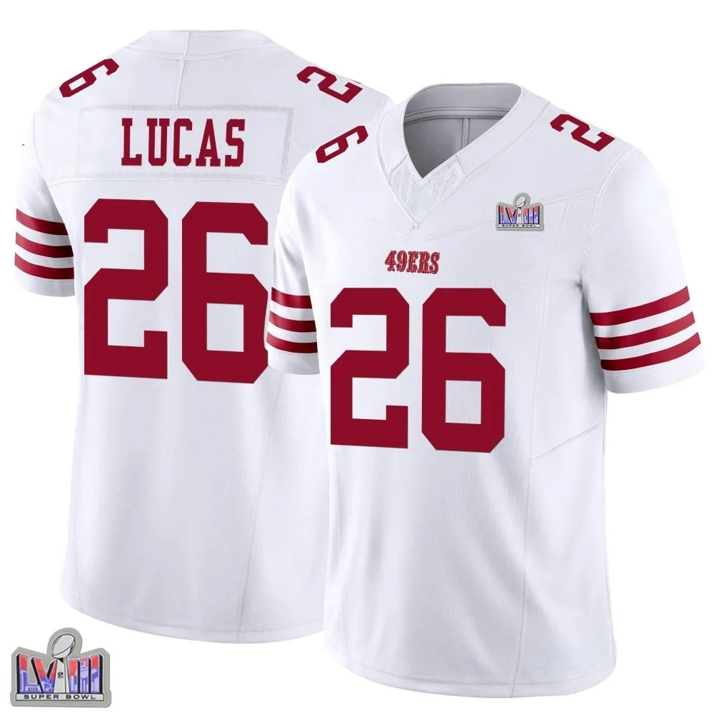 Men's San Francisco 49ers Chase Lucas Nike Vapor F.U.S.E. Super Bowl LVIII Patch Limited White Jersey Men's San Francisco 49ers Chase Lucas Nike Vapor F.U.S.E. Super Bowl LVIII Patch Limited White Jersey