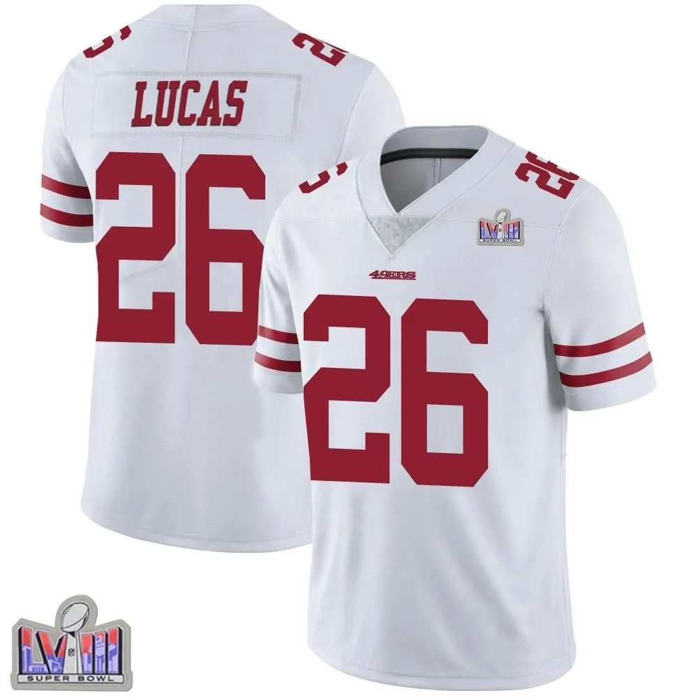 Men's San Francisco 49ers Chase Lucas Nike Vapor Untouchable Super Bowl LVIII Patch Limited White Jersey Men's San Francisco 49ers Chase Lucas Nike Vapor Untouchable Super Bowl LVIII Patch Limited White Jersey