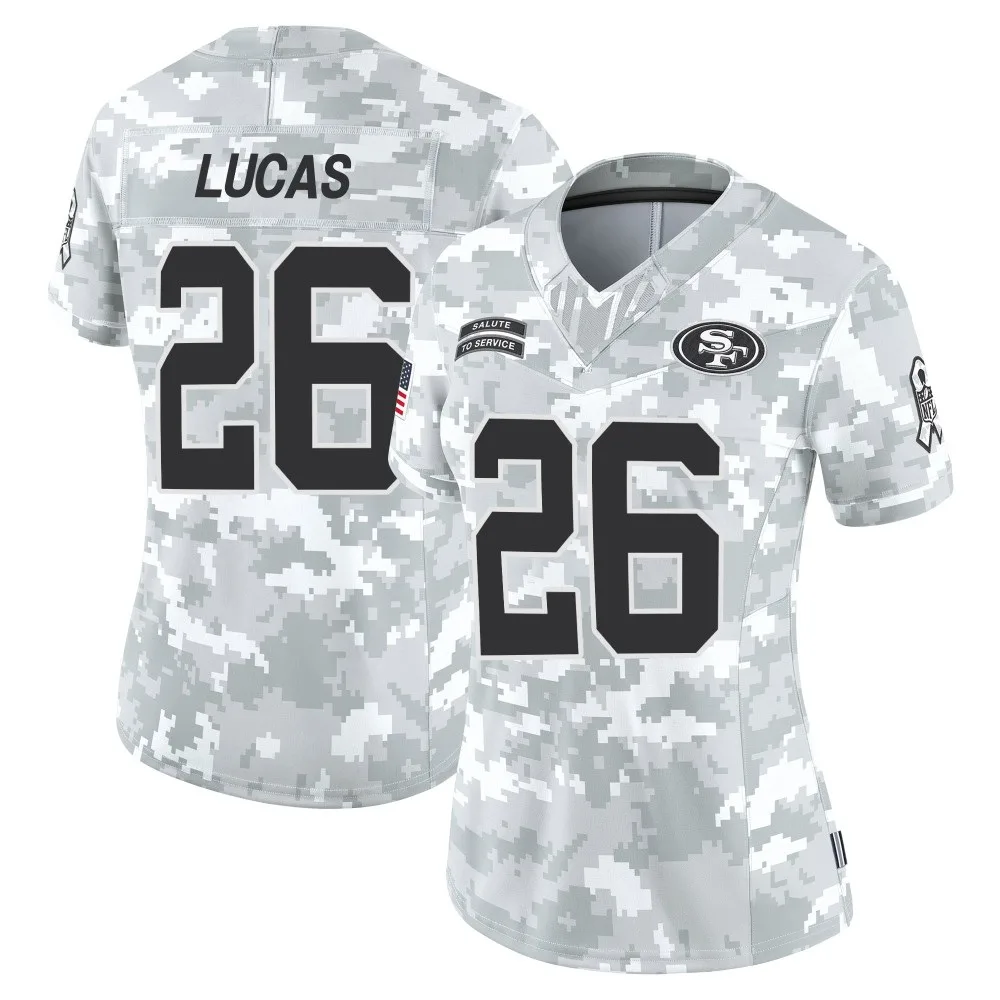Women's San Francisco 49ers Chase Lucas Nike Francisco 2024 Salute To Service Limited Arctic Camo Jersey Women's San Francisco 49ers Chase Lucas Nike Francisco 2024 Salute To Service Limited Arctic Camo Jersey