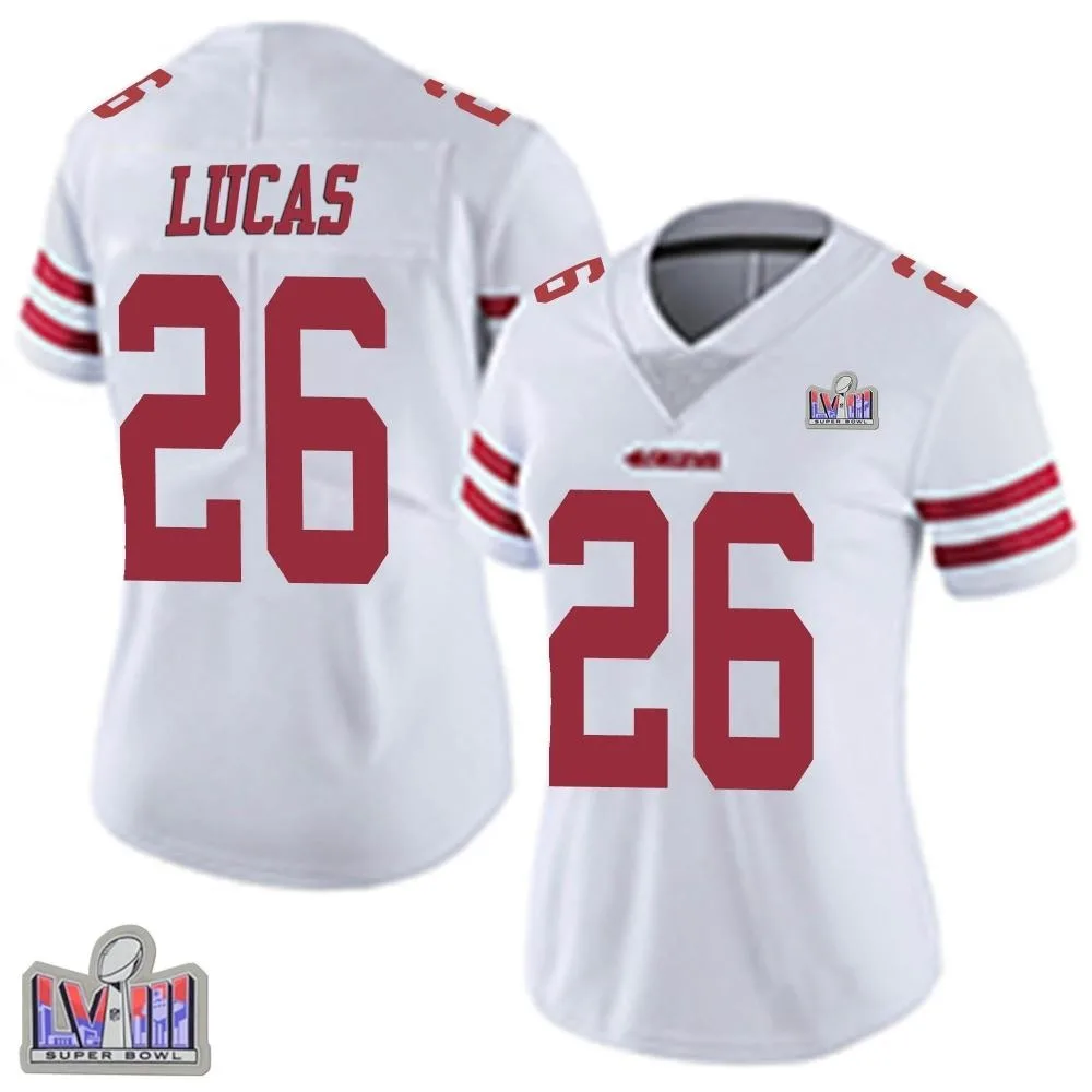 Women's San Francisco 49ers Chase Lucas Nike Vapor Untouchable Super Bowl LVIII Patch Limited White Jersey Women's San Francisco 49ers Chase Lucas Nike Vapor Untouchable Super Bowl LVIII Patch Limited White Jersey