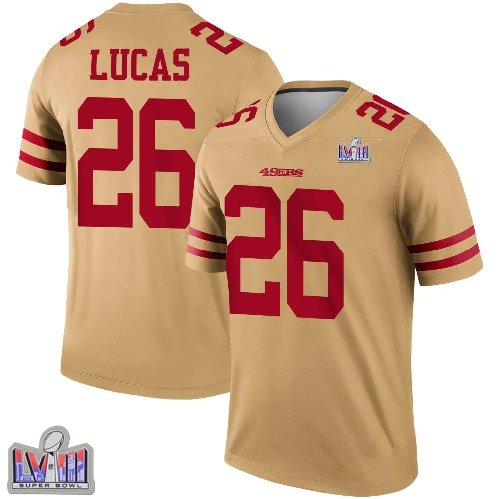 Youth San Francisco 49ers Chase Lucas Nike Inverted Super Bowl LVIII Patch Legend Gold Jersey Youth San Francisco 49ers Chase Lucas Nike Inverted Super Bowl LVIII Patch Legend Gold Jersey