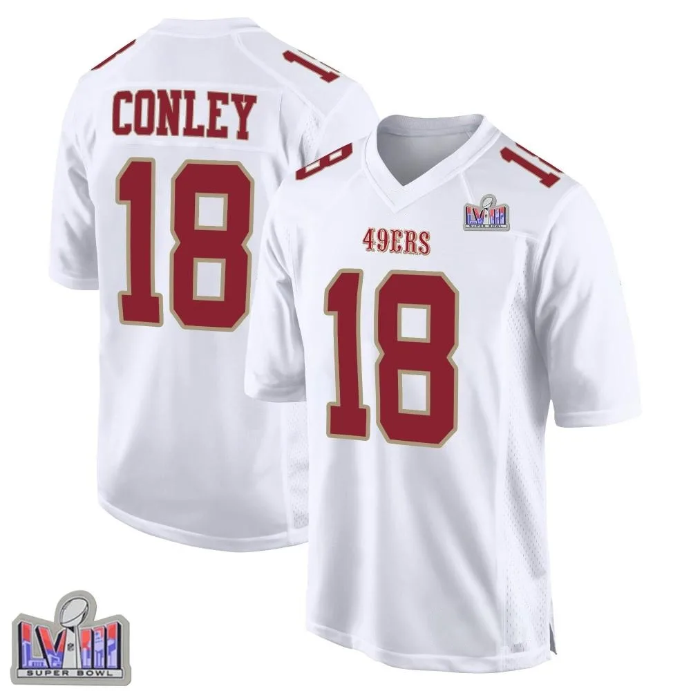 Men's San Francisco 49ers Chris Conley Nike Fashion Super Bowl LVIII Patch Game White Jersey Men's San Francisco 49ers Chris Conley Nike Fashion Super Bowl LVIII Patch Game White Jersey
