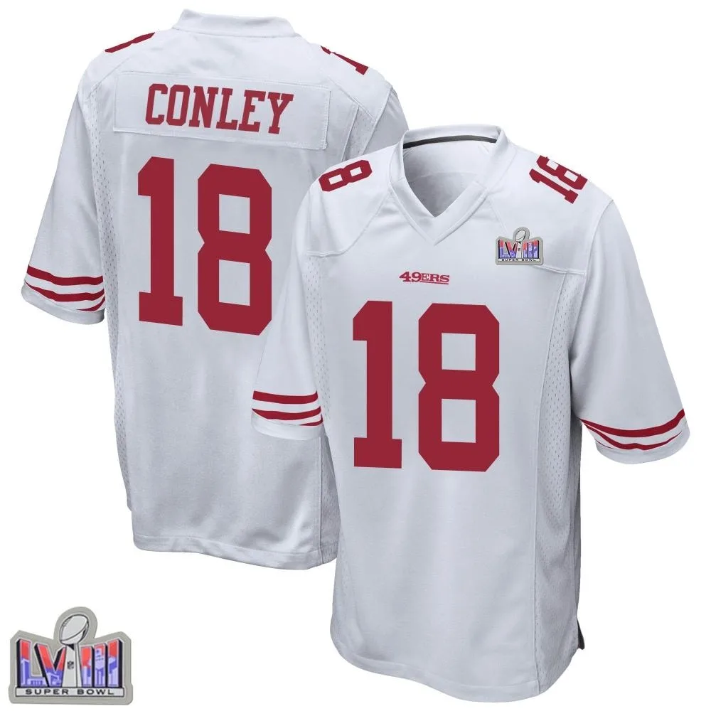 Men's San Francisco 49ers Chris Conley Nike Super Bowl LVIII Patch Game White Jersey Men's San Francisco 49ers Chris Conley Nike Super Bowl LVIII Patch Game White Jersey