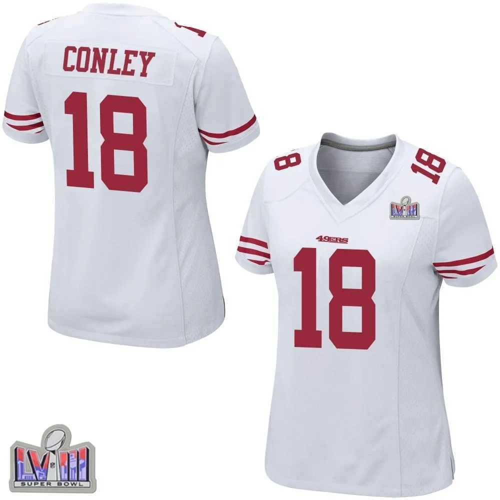 Women's San Francisco 49ers Chris Conley Nike Super Bowl LVIII Patch Game White Jersey Women's San Francisco 49ers Chris Conley Nike Super Bowl LVIII Patch Game White Jersey