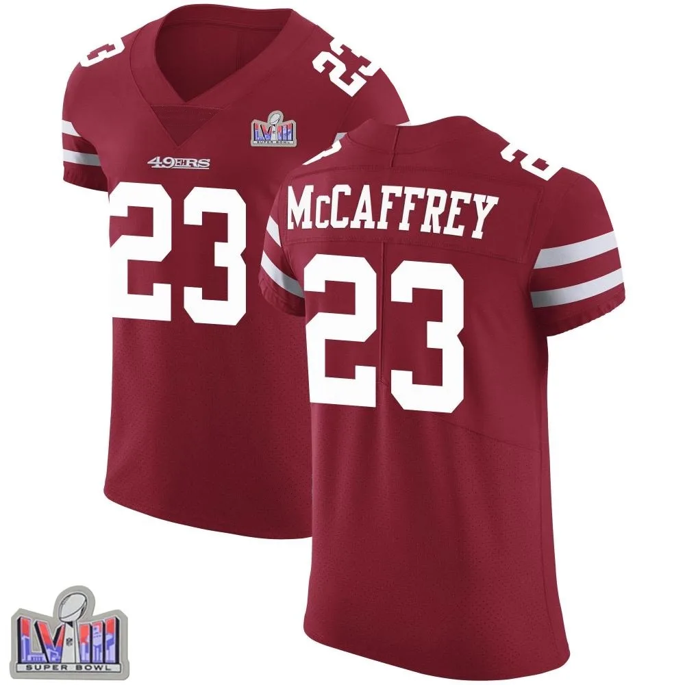 Men's San Francisco 49ers Christian Mccaffrey Nike Team Color Vapor Untouchable Super Bowl LVIII Patch Elite Red Jersey Men's San Francisco 49ers Christian Mccaffrey Nike Team Color Vapor Untouchable Super Bowl LVIII Patch Elite Red Jersey