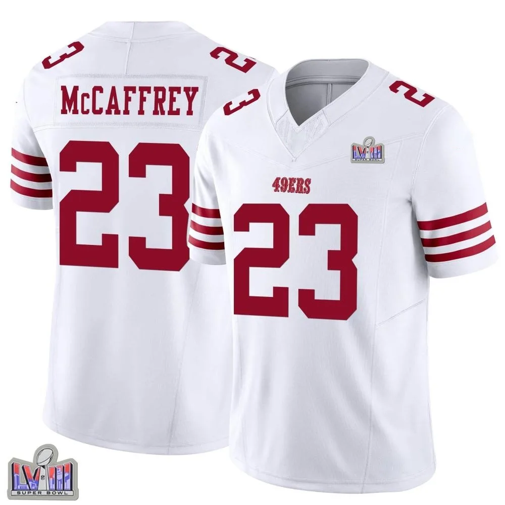 Men's San Francisco 49ers Christian Mccaffrey Nike Vapor F.U.S.E. Super Bowl LVIII Patch Limited White Jersey Men's San Francisco 49ers Christian Mccaffrey Nike Vapor F.U.S.E. Super Bowl LVIII Patch Limited White Jersey