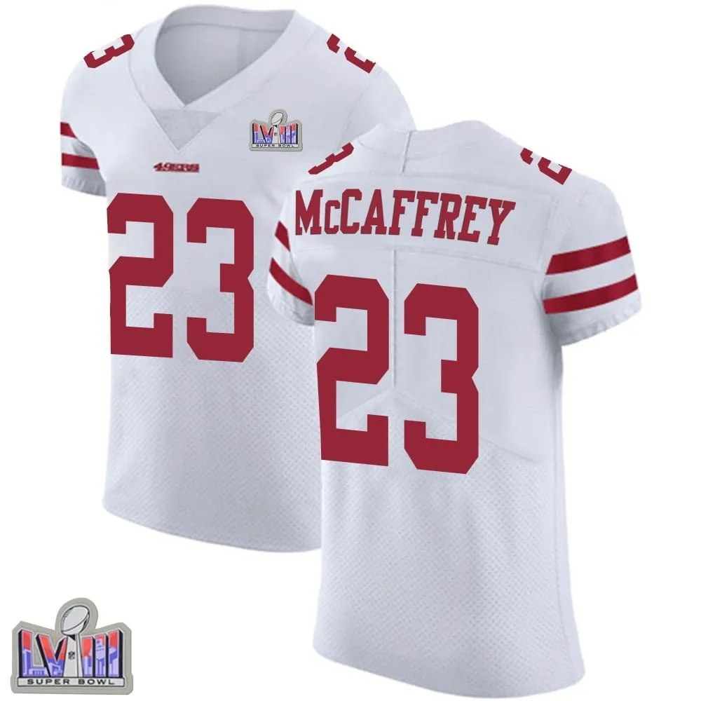 Men's San Francisco 49ers Christian Mccaffrey Nike Vapor Untouchable Super Bowl LVIII Patch Elite White Jersey Men's San Francisco 49ers Christian Mccaffrey Nike Vapor Untouchable Super Bowl LVIII Patch Elite White Jersey