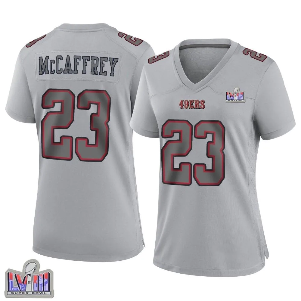 Women's San Francisco 49ers Christian Mccaffrey Nike Atmosphere Fashion Super Bowl LVIII Patch Game Gray Jersey Women's San Francisco 49ers Christian Mccaffrey Nike Atmosphere Fashion Super Bowl LVIII Patch Game Gray Jersey