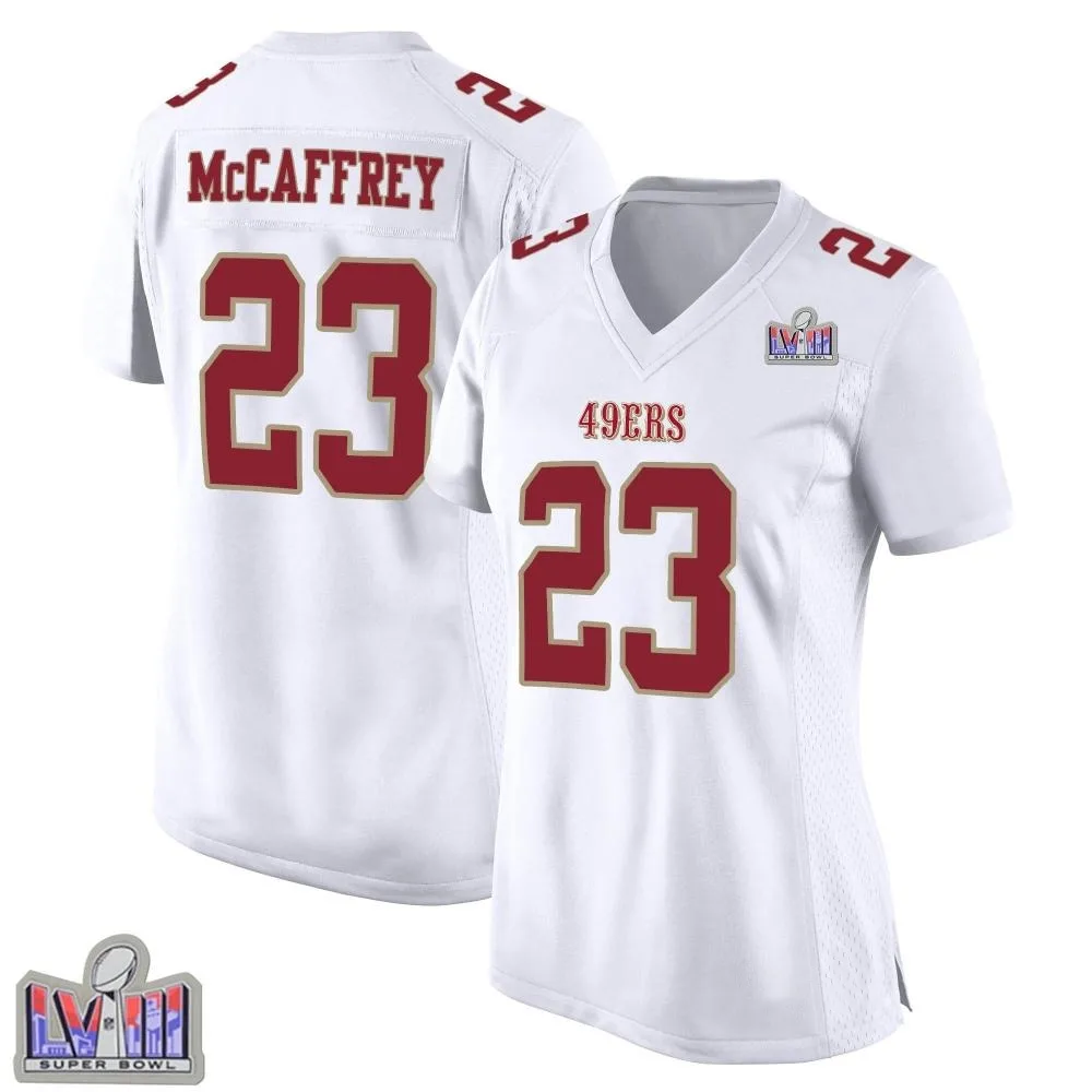 Women's San Francisco 49ers Christian Mccaffrey Nike Fashion Super Bowl LVIII Patch Game White Jersey Women's San Francisco 49ers Christian Mccaffrey Nike Fashion Super Bowl LVIII Patch Game White Jersey