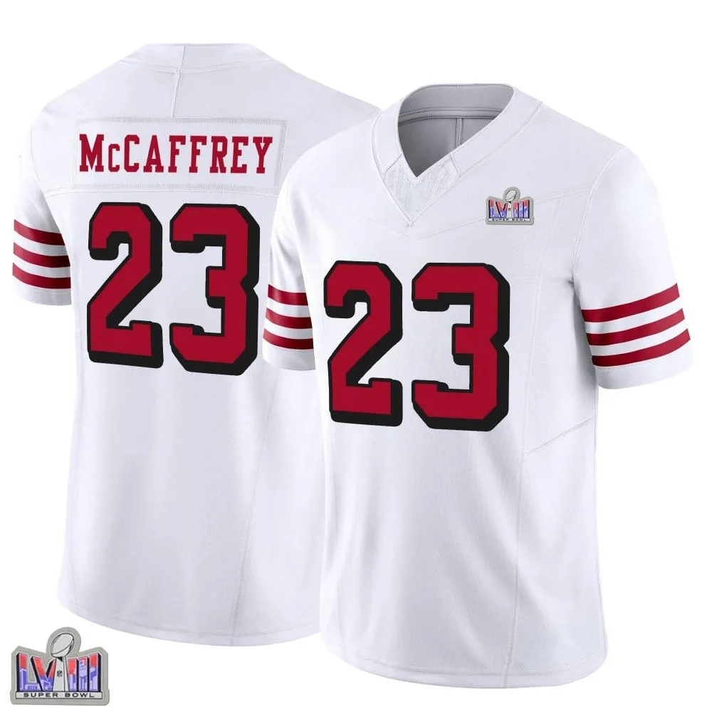 Youth San Francisco 49ers Christian Mccaffrey Nike Alternate Vapor F.U.S.E. Super Bowl LVIII Patch Limited White Jersey Youth San Francisco 49ers Christian Mccaffrey Nike Alternate Vapor F.U.S.E. Super Bowl LVIII Patch Limited White Jersey