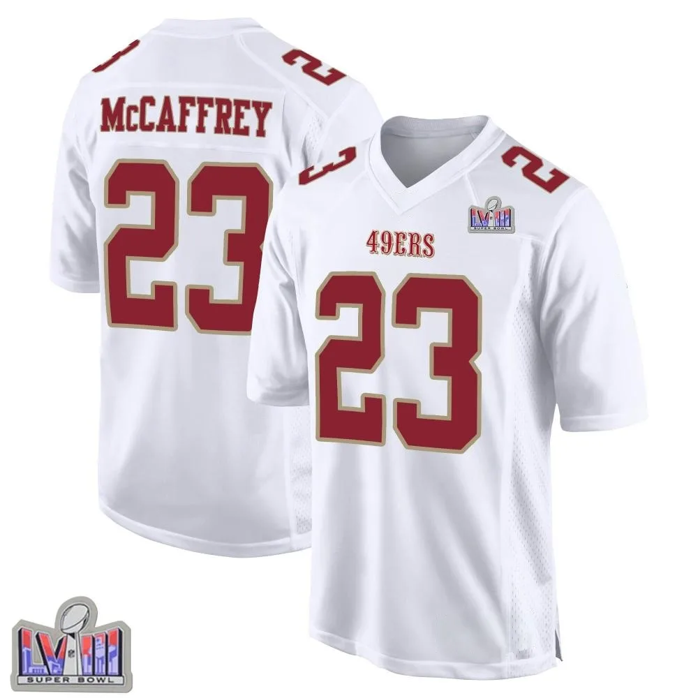 Youth San Francisco 49ers Christian Mccaffrey Nike Fashion Super Bowl LVIII Patch Game White Jersey Youth San Francisco 49ers Christian Mccaffrey Nike Fashion Super Bowl LVIII Patch Game White Jersey