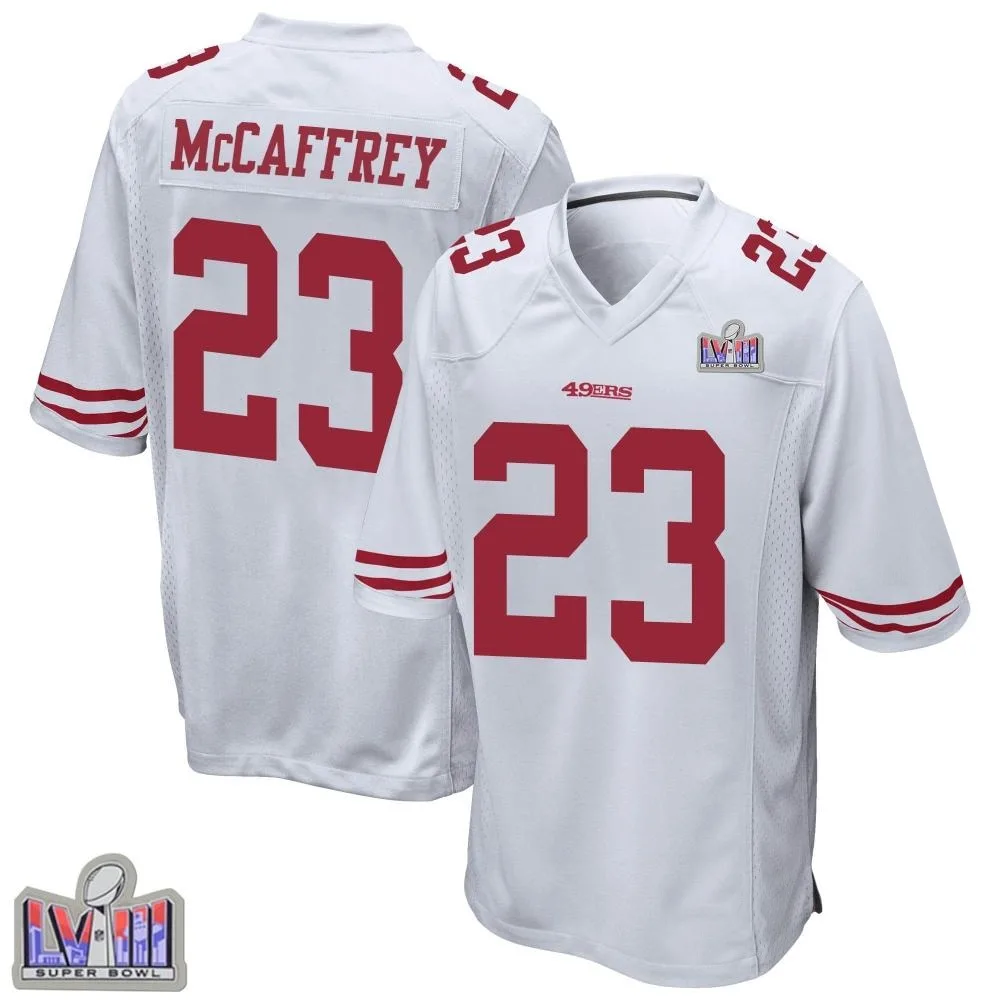 Youth San Francisco 49ers Christian Mccaffrey Nike Super Bowl LVIII Patch Game White Jersey Youth San Francisco 49ers Christian Mccaffrey Nike Super Bowl LVIII Patch Game White Jersey