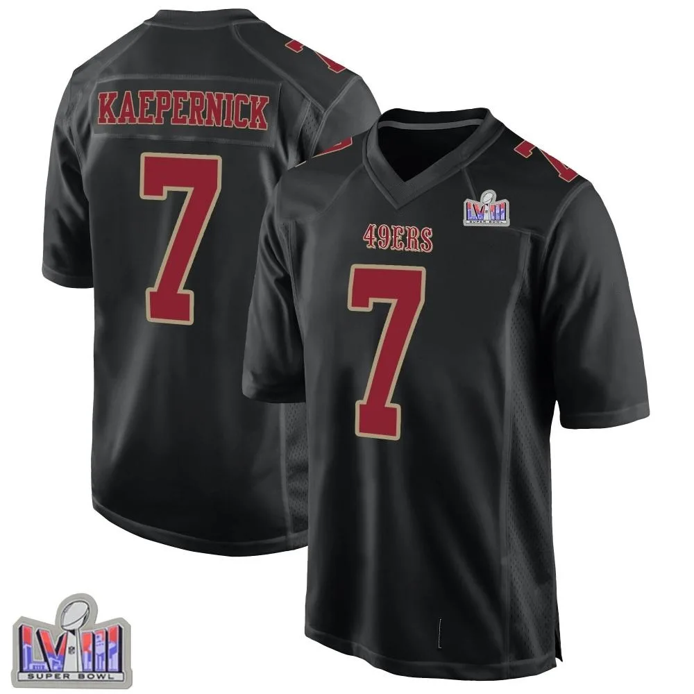Men's San Francisco 49ers Colin Kaepernick Nike Fashion Super Bowl LVIII Patch Game Black Jersey Men's San Francisco 49ers Colin Kaepernick Nike Fashion Super Bowl LVIII Patch Game Black Jersey
