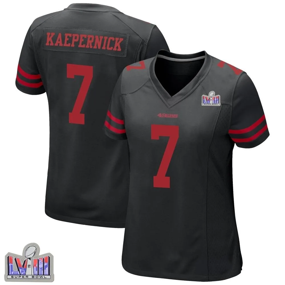 Women's San Francisco 49ers Colin Kaepernick Nike Alternate Super Bowl LVIII Patch Game Black Jersey Women's San Francisco 49ers Colin Kaepernick Nike Alternate Super Bowl LVIII Patch Game Black Jersey