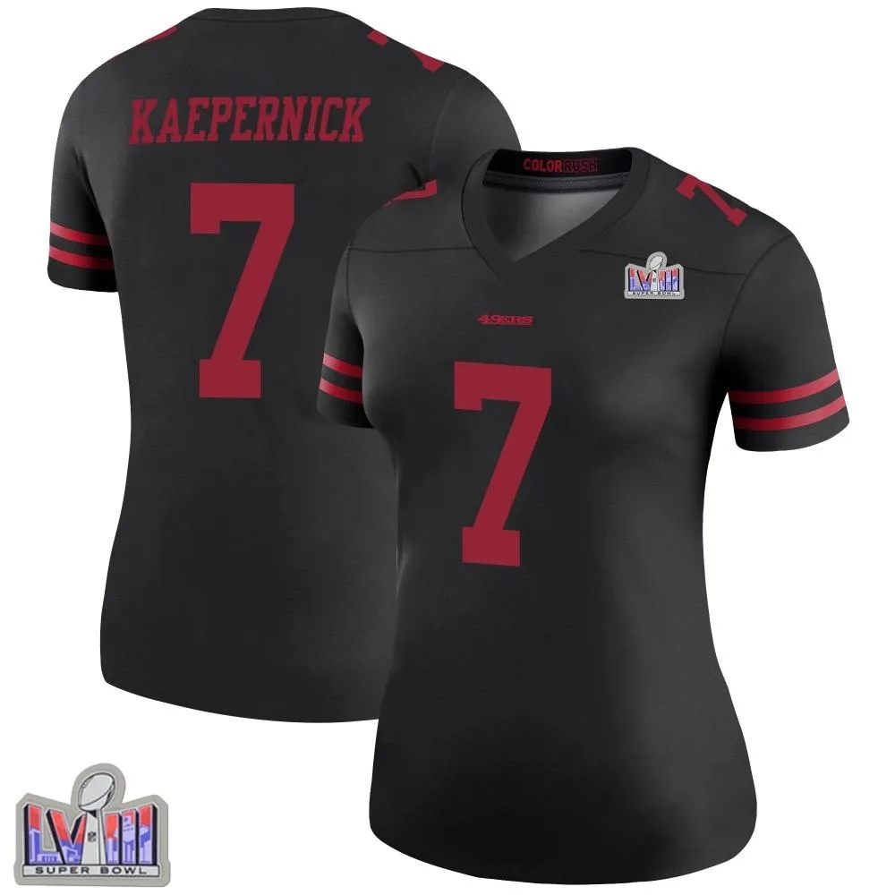 Women's San Francisco 49ers Colin Kaepernick Nike Color Rush Super Bowl LVIII Patch Legend Black Jersey Women's San Francisco 49ers Colin Kaepernick Nike Color Rush Super Bowl LVIII Patch Legend Black Jersey
