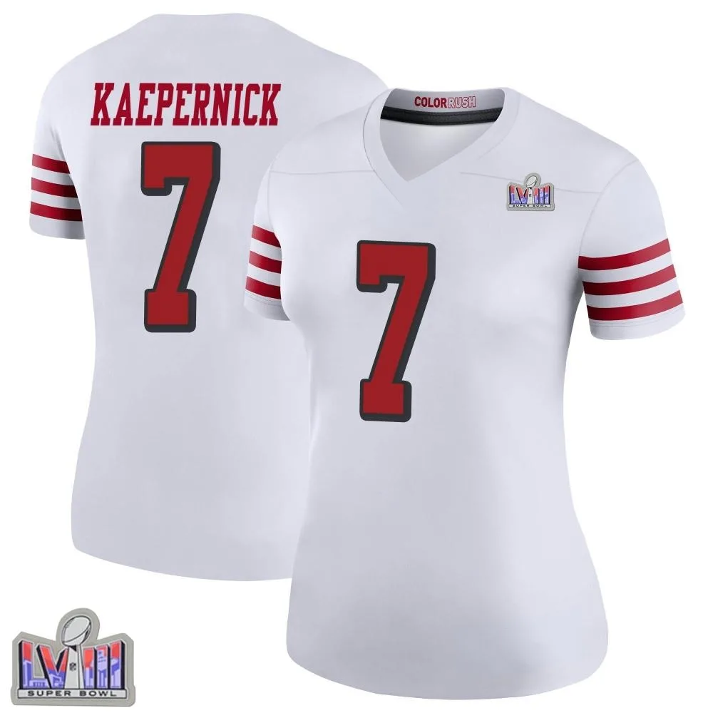Women's San Francisco 49ers Colin Kaepernick Nike Color Rush Super Bowl LVIII Patch Legend White Jersey Women's San Francisco 49ers Colin Kaepernick Nike Color Rush Super Bowl LVIII Patch Legend White Jersey