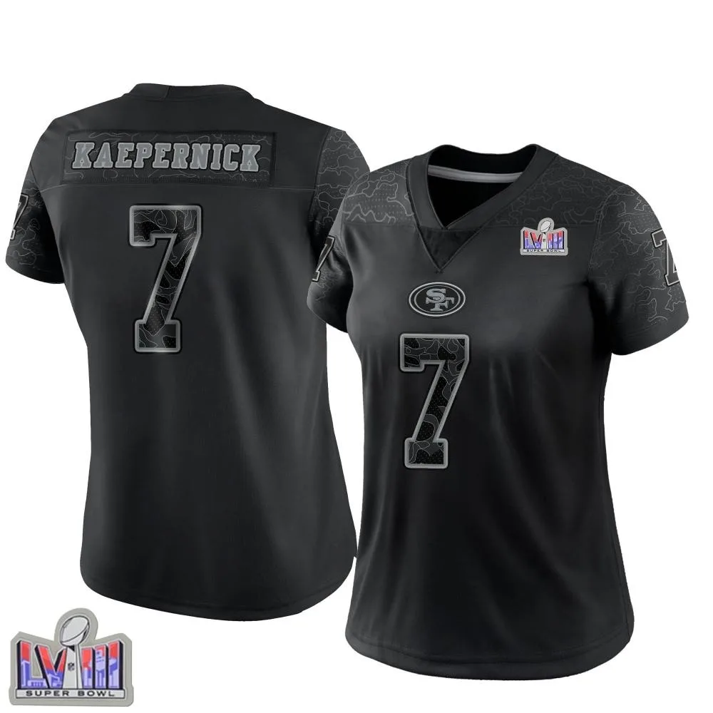 Women's San Francisco 49ers Colin Kaepernick Nike Reflective Super Bowl LVIII Patch Limited Black Jersey Women's San Francisco 49ers Colin Kaepernick Nike Reflective Super Bowl LVIII Patch Limited Black Jersey