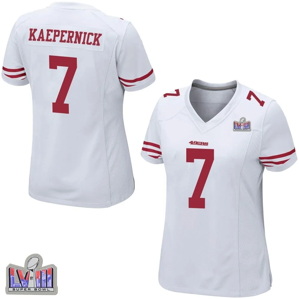 Women's San Francisco 49ers Colin Kaepernick Nike Super Bowl LVIII Patch Game White Jersey Women's San Francisco 49ers Colin Kaepernick Nike Super Bowl LVIII Patch Game White Jersey