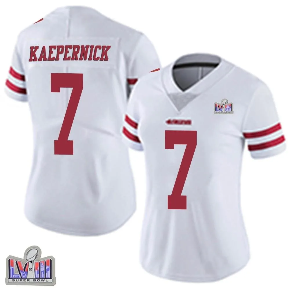 Women's San Francisco 49ers Colin Kaepernick Nike Vapor Untouchable Super Bowl LVIII Patch Limited White Jersey Women's San Francisco 49ers Colin Kaepernick Nike Vapor Untouchable Super Bowl LVIII Patch Limited White Jersey