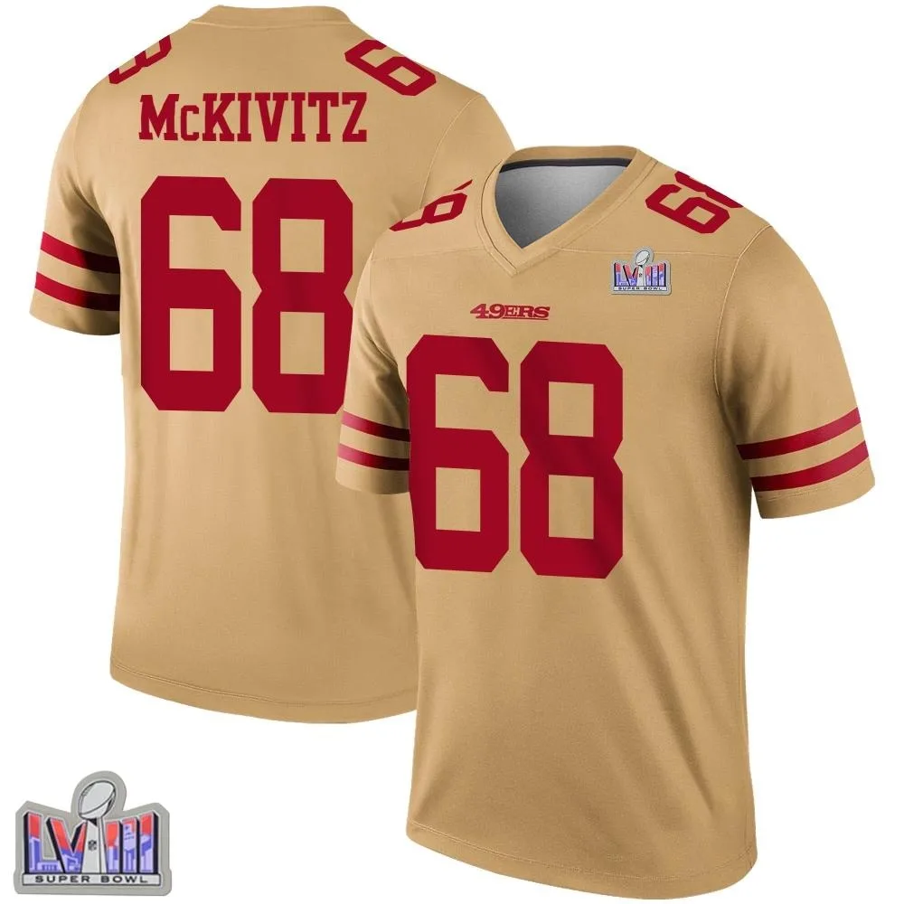 Men's San Francisco 49ers Colton Mckivitz Nike Inverted Super Bowl LVIII Patch Legend Gold Jersey Men's San Francisco 49ers Colton Mckivitz Nike Inverted Super Bowl LVIII Patch Legend Gold Jersey