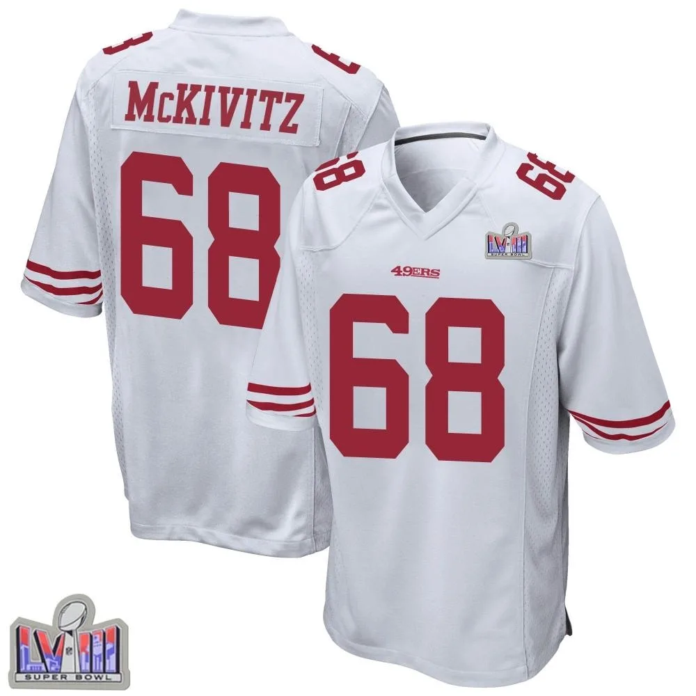 Men's San Francisco 49ers Colton Mckivitz Nike Super Bowl LVIII Patch Game White Jersey Men's San Francisco 49ers Colton Mckivitz Nike Super Bowl LVIII Patch Game White Jersey