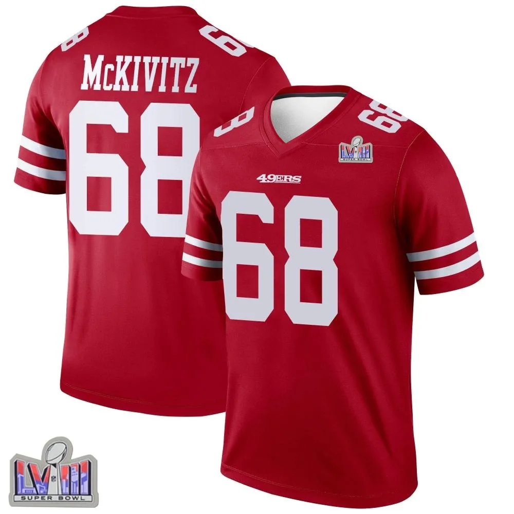 Men's San Francisco 49ers Colton Mckivitz Nike Super Bowl LVIII Patch Legend Scarlet Jersey Men's San Francisco 49ers Colton Mckivitz Nike Super Bowl LVIII Patch Legend Scarlet Jersey