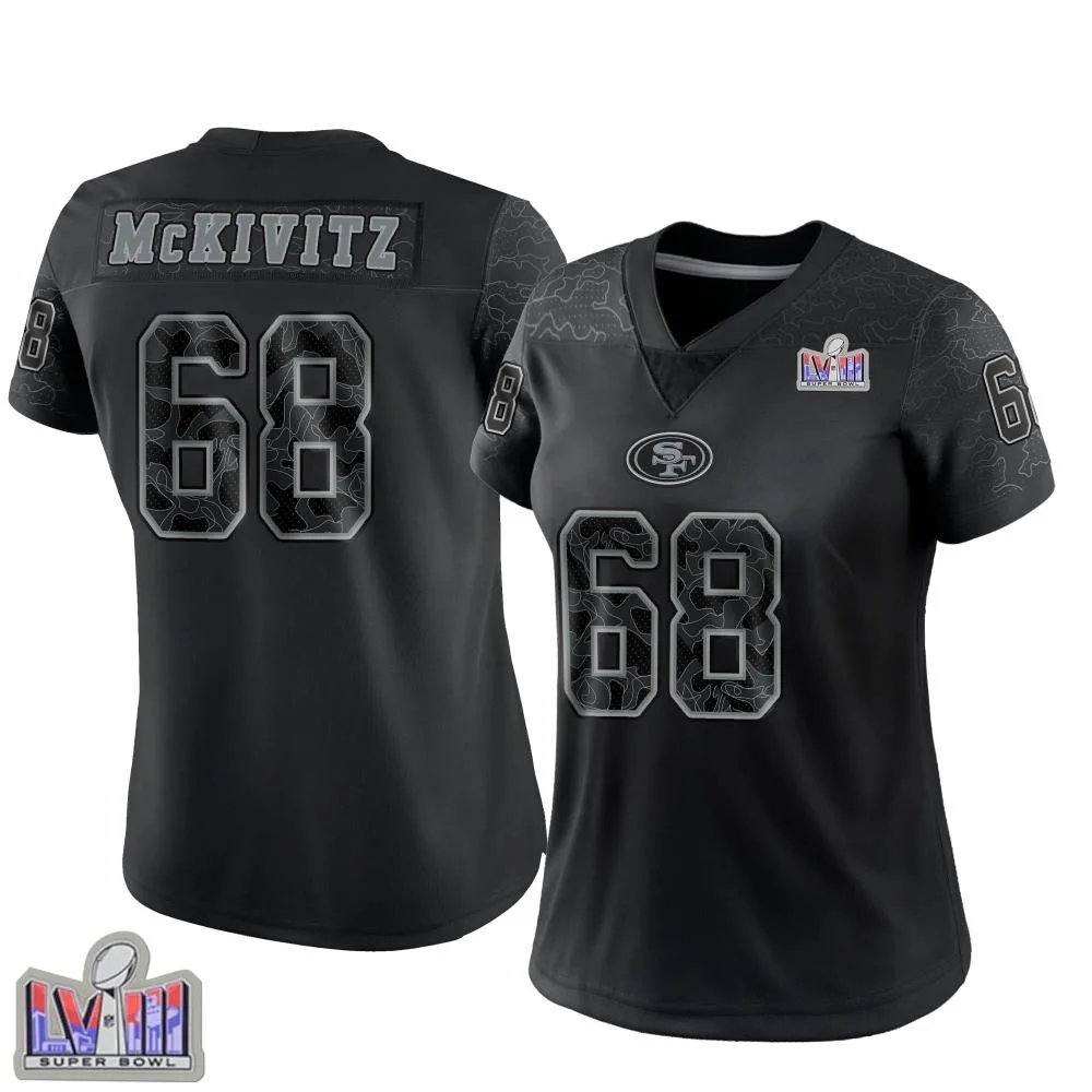 Women's San Francisco 49ers Colton Mckivitz Nike Reflective Super Bowl LVIII Patch Limited Black Jersey Women's San Francisco 49ers Colton Mckivitz Nike Reflective Super Bowl LVIII Patch Limited Black Jersey