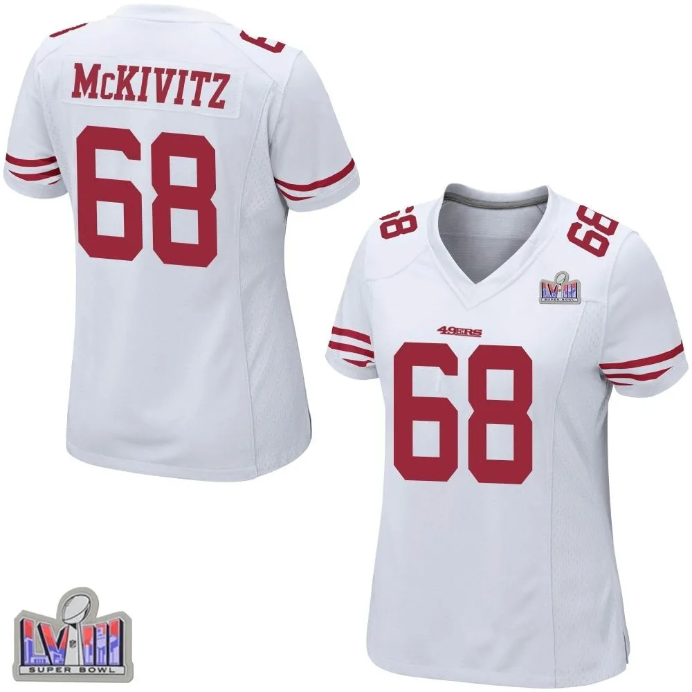 Women's San Francisco 49ers Colton Mckivitz Nike Super Bowl LVIII Patch Game White Jersey Women's San Francisco 49ers Colton Mckivitz Nike Super Bowl LVIII Patch Game White Jersey